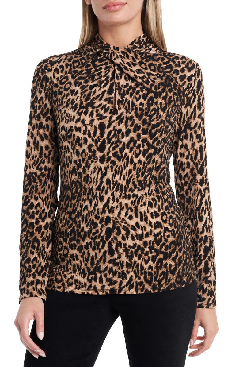 Vince Camuto Leopard Print Twist Neck Top, Main, color,