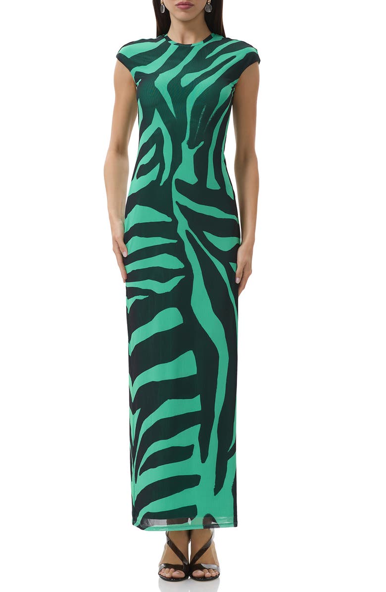 AFRM Cody Print Cap Sleeve Mesh Maxi Dress, Main, color, Green Zebra