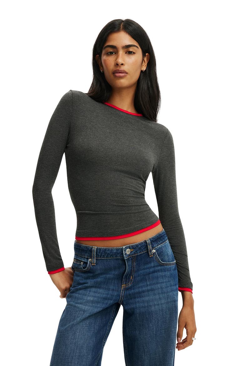 Women's Double Layer Long Sleeve, Main, color, Charcoal Marle Red Petal