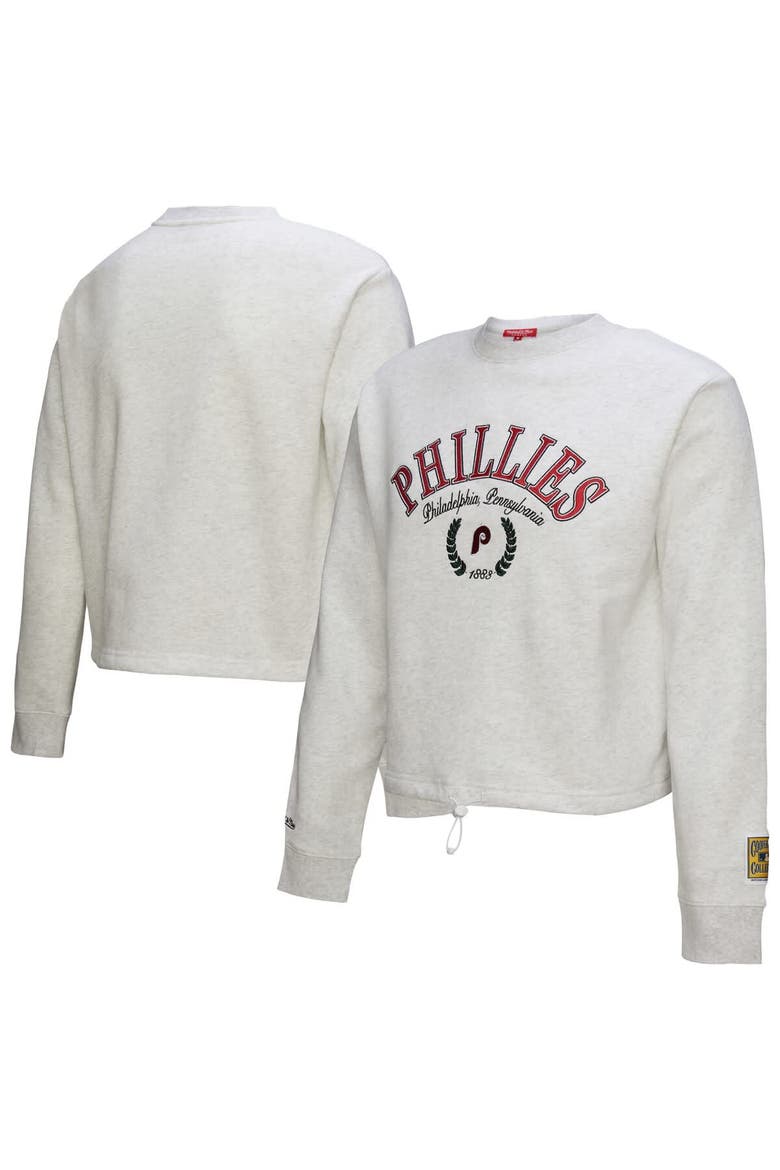 Women's Mitchell & Ness Heather Gray Philadelphia Phillies Cropped Toggle Pullover Sweatshirt, Main, color, Heather Gray