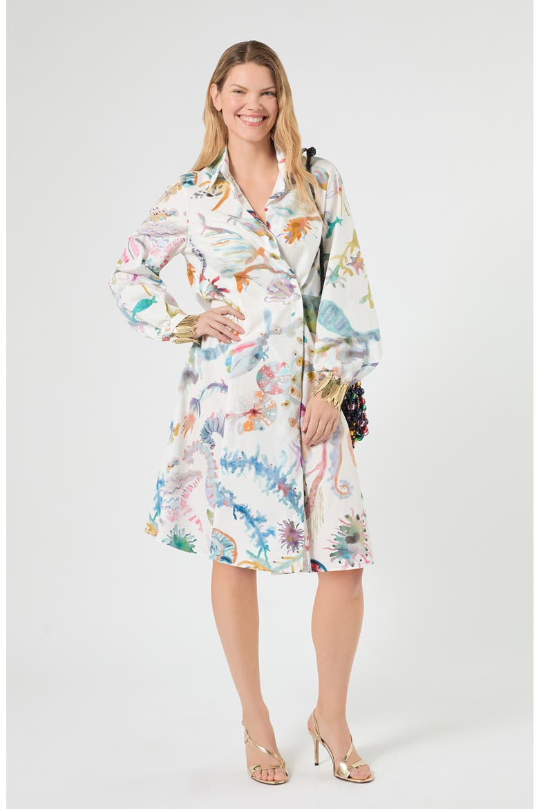 Watercolor Print Long Sleeve Shirtdress, Alternate, color, ICE