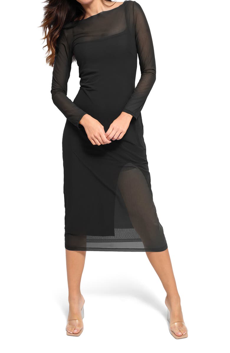 Popilush Shapewear Slimming Midi Dress and Sheer Mesh Overlay Set, Alternate, color, Solid Black