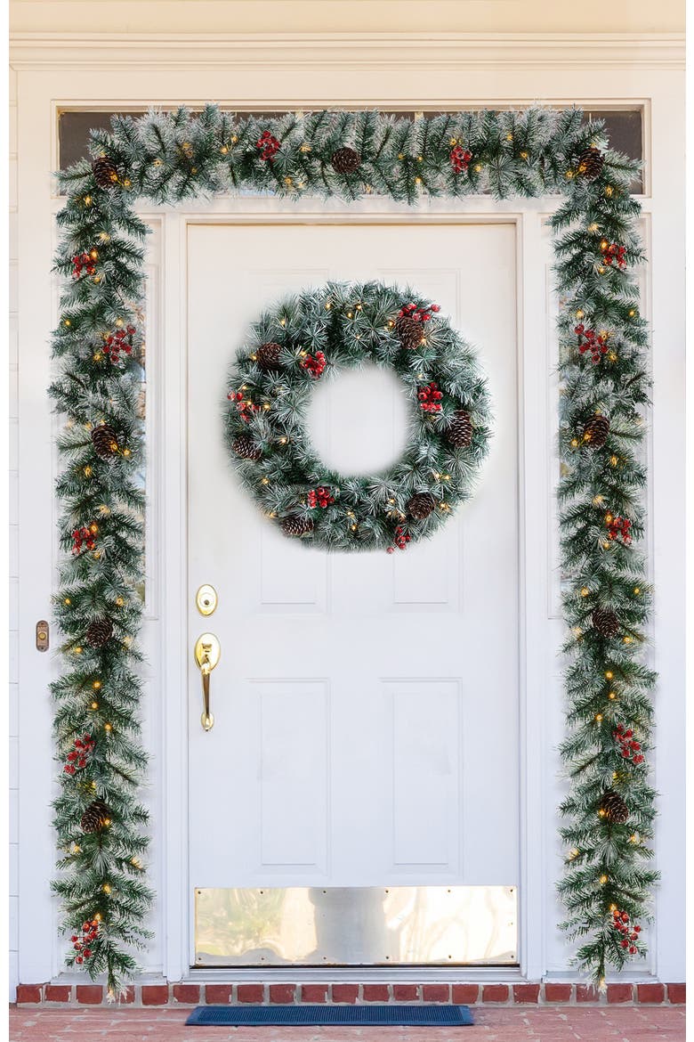 9ft Pre-Lit Artificial Christmas Garlands with Timer, Alternate, color, Flocked Green