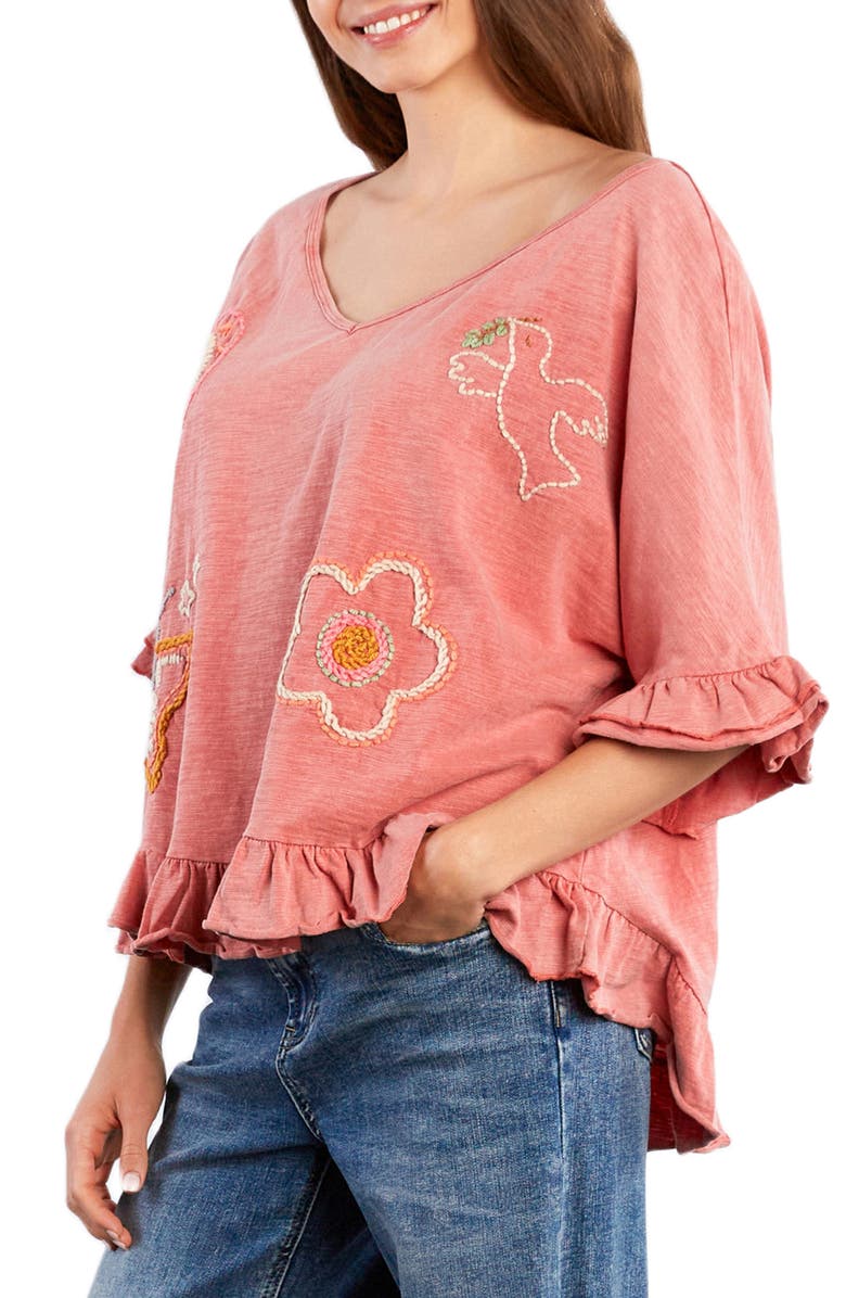 Billy T Worry Free Embroidered Ruffle Cotton Top, Alternate, color, Peach Tea