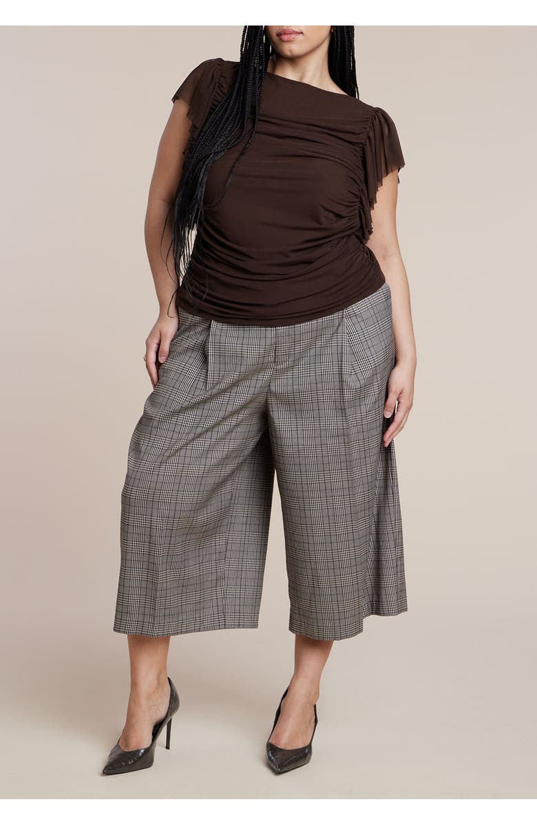 ELOQUII Shirred Mesh Top With Shoulder Flounces, Alternate, color, Chicory Coffee