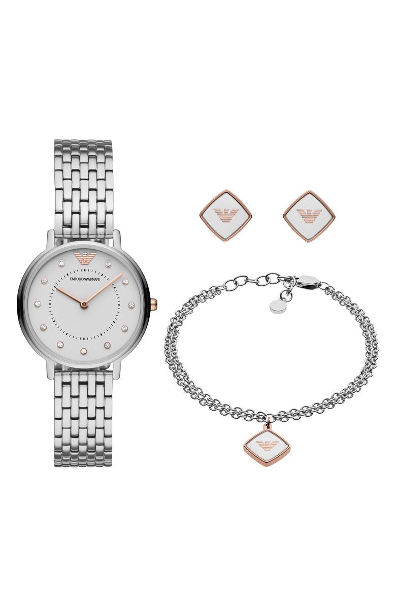Emporio Armani Two-Hand Bracelet Watch, 32mm Bracelet & Earrings Set, Main, color,