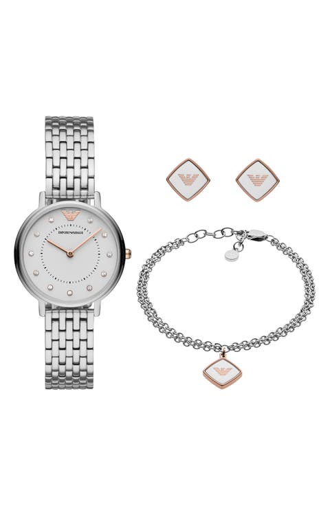 Two-Hand Bracelet Watch, 32mm Bracelet & Earrings Set