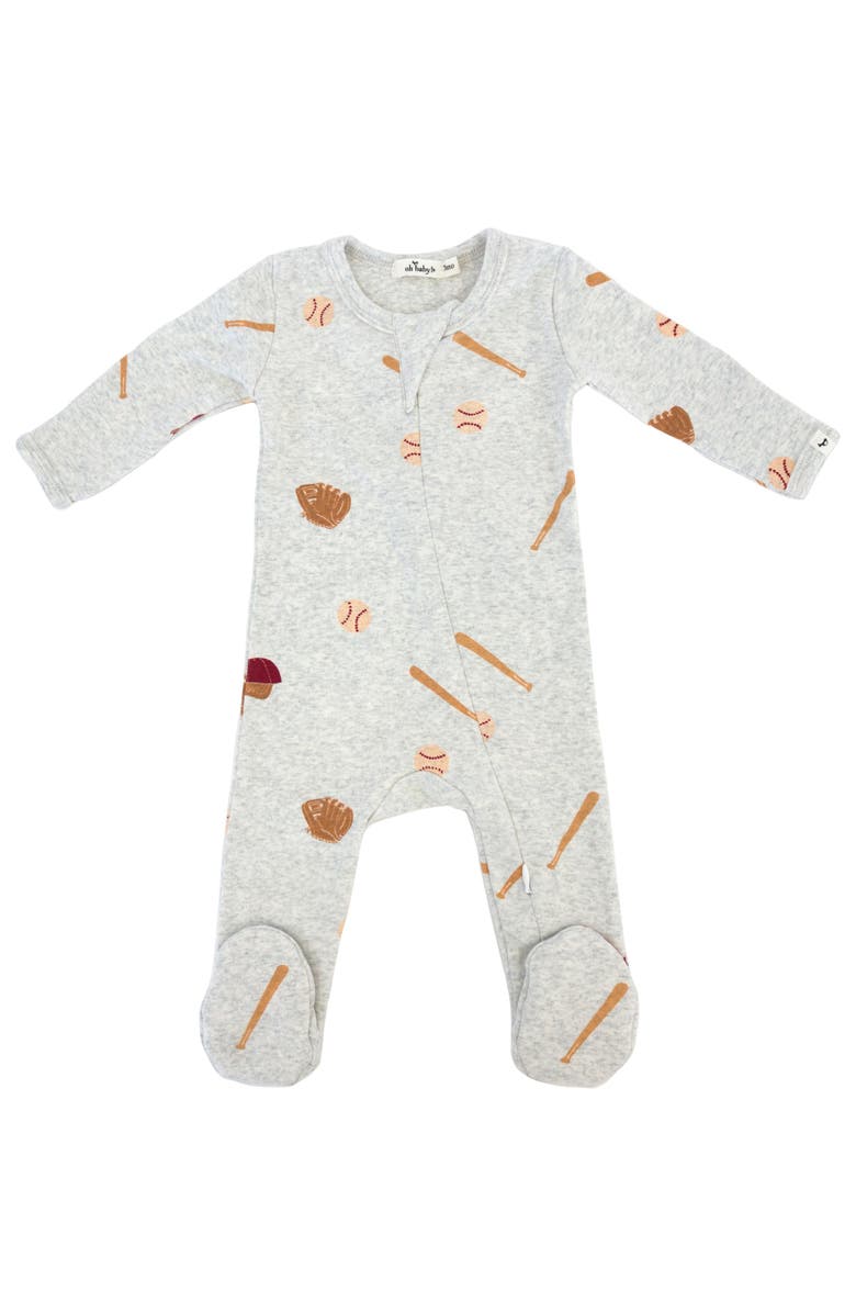 oh baby! Baseball Print Zipper Footie, Main, color, Heather Grey