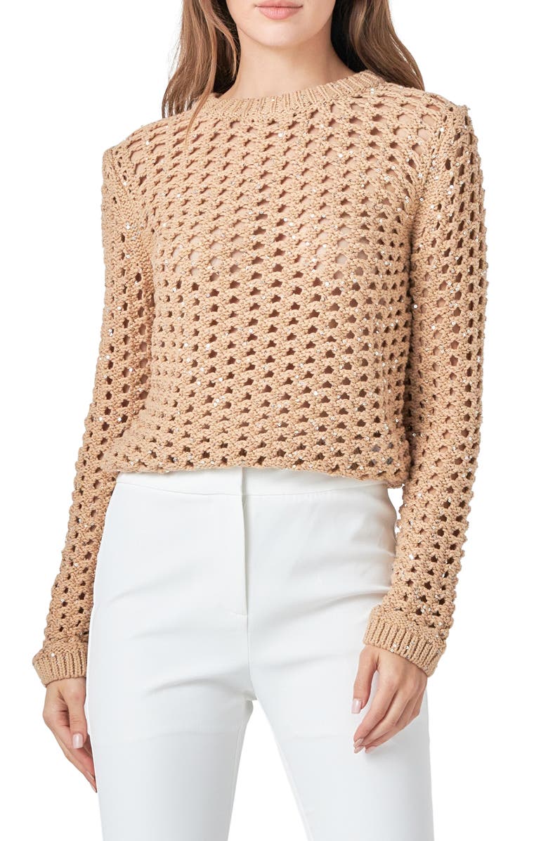 Endless Rose Sequin Openwork Sweater, Main, color, Beige