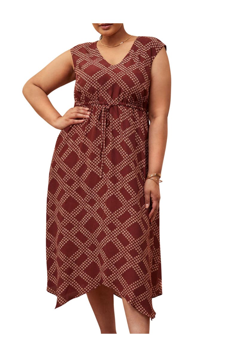 Live Unlimited Geo Print V-Neck Hanky Hem Dress, Alternate, color, Brown