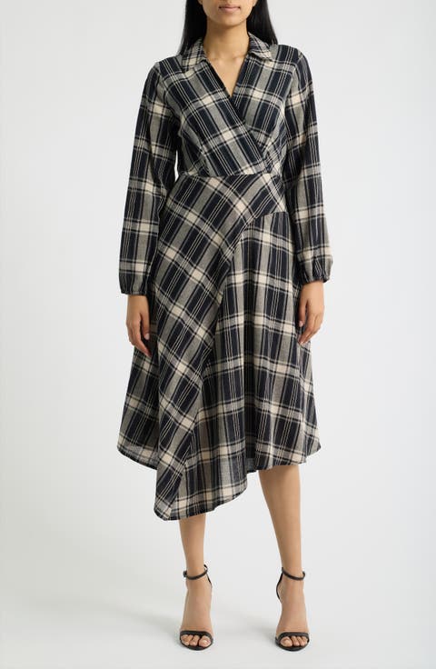 Long Sleeve Asymmetric Plaid Shirtdress