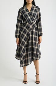 CITY BLUES Long Sleeve Asymmetric Plaid Shirtdress