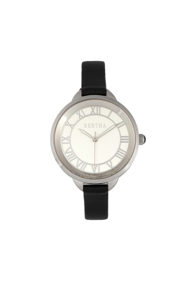 BERTHA Madison Sunray Dial Leather-Band Watch, Main, color, Black/Silver