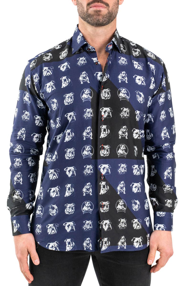 Maceoo Fibonacci Bulldog Print Contemporary Fit Button-Up Shirt, Main, color, Blue