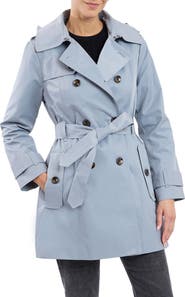 London Fog Hooded Double Breasted Cotton Blend Trench Coat