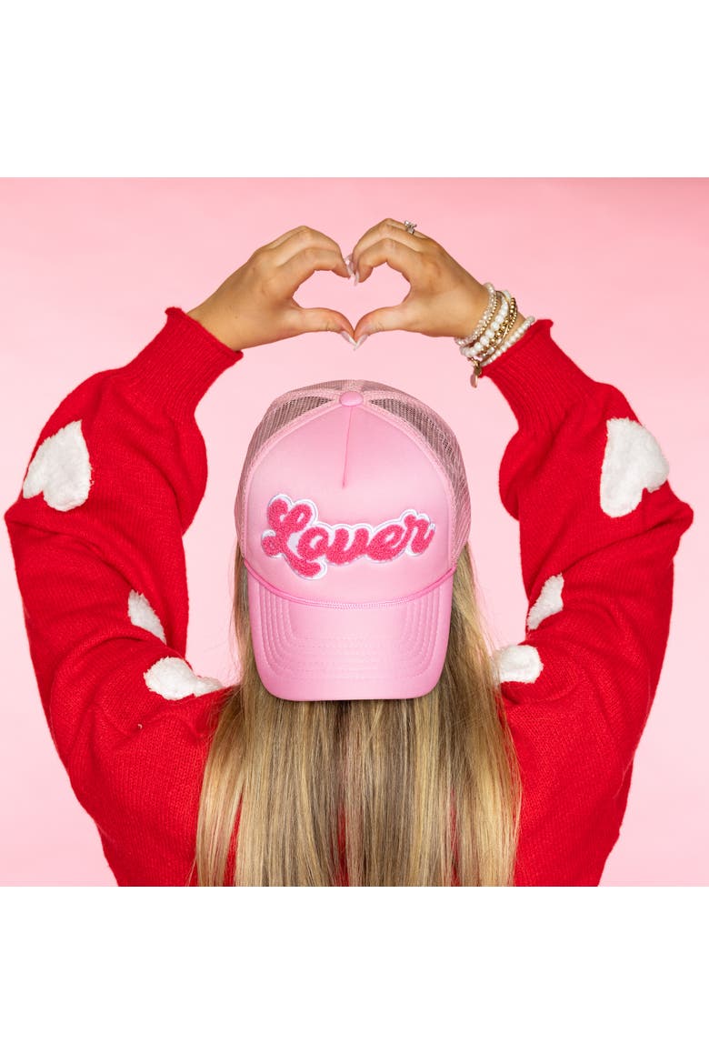 Lover Fuzzy Patch Trucker Hat Cotton Pink, Alternate, color, Pink