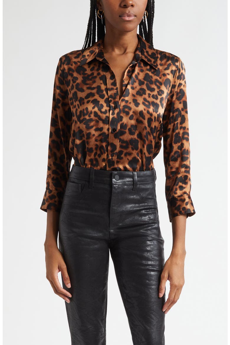 Dani Leopard Print Silk Button-Up Shirt, Main, color, BROWN MULTI AMUR LEOPARD