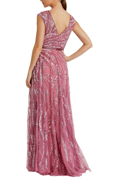 Mac Duggal Sequined Cap Sleeve Boat Neck Gown In Plum