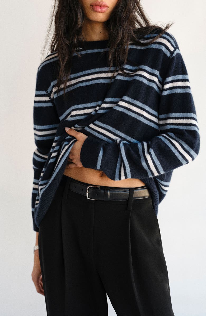 Reformation Cashmere Boyfriend Sweater, Main, color, Navy Multi Stripe