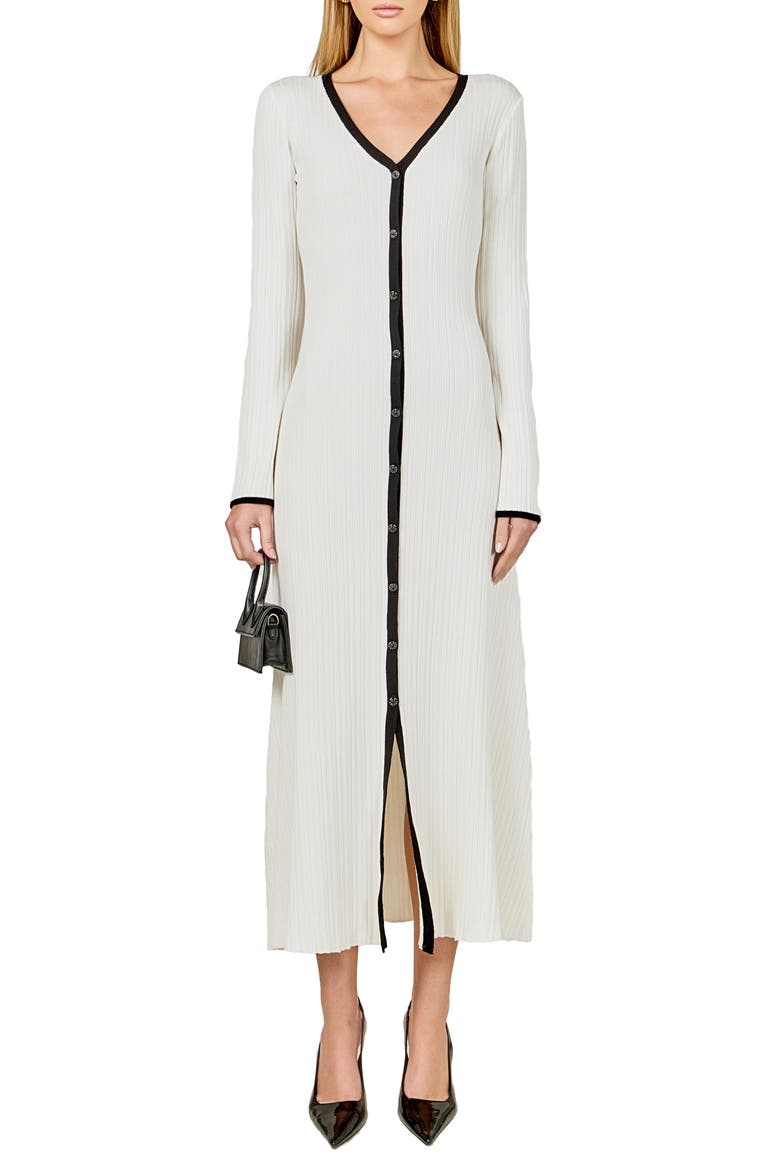 Contrast Long Sleeve Rib Maxi Dress, Main, color, IVORY/ BLACK