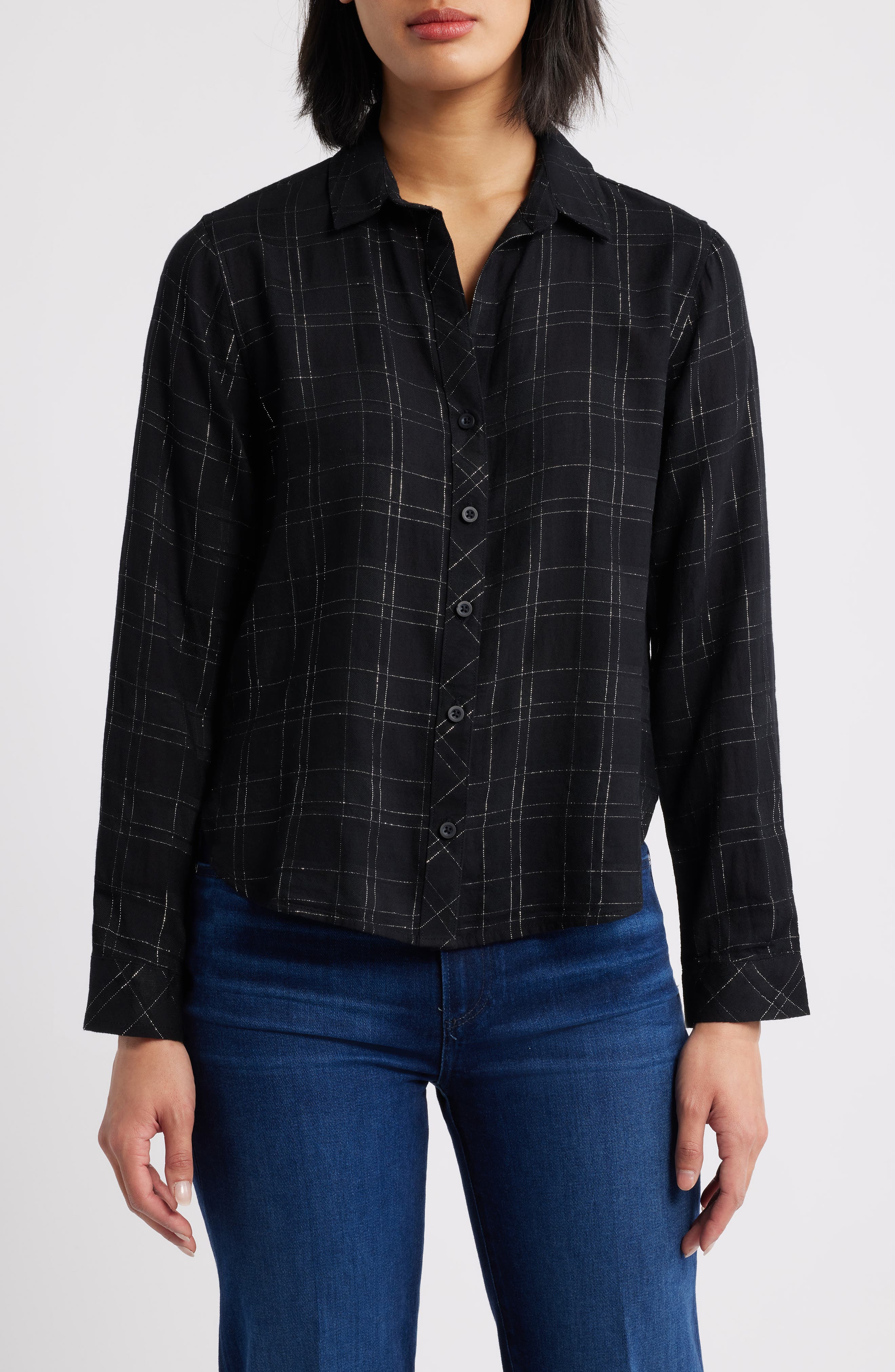 Metallic Check Button-Up Shirt
