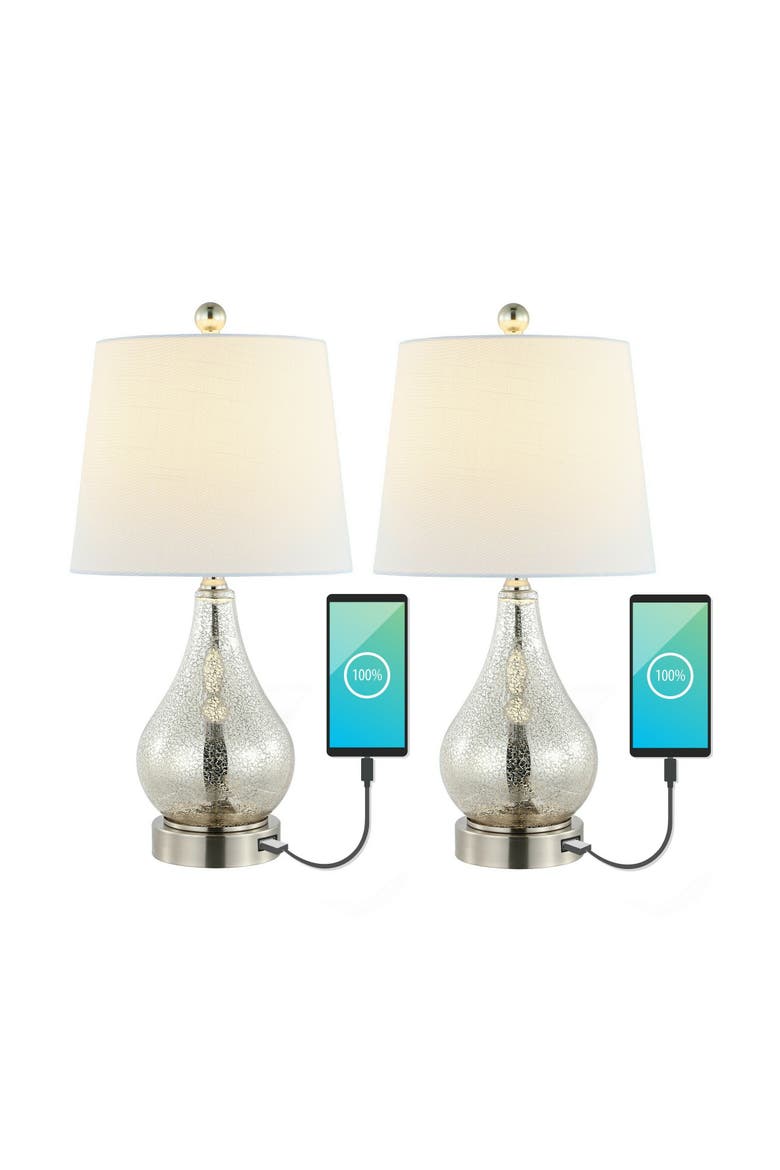 Dino 21" Farmhouse Industrial Iron/Glass LED Table Lamp with USB Charging Port, Silver, Main, color, Silver