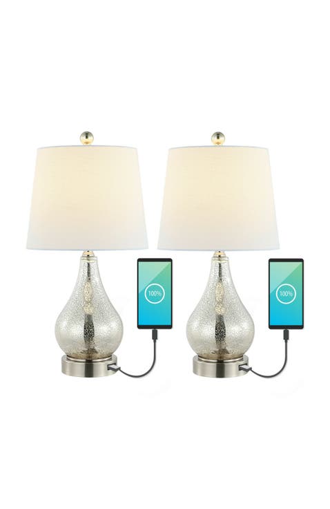 Dino 21" Farmhouse Industrial Iron/Glass LED Table Lamp with USB Charging Port, Silver (Set of 2)