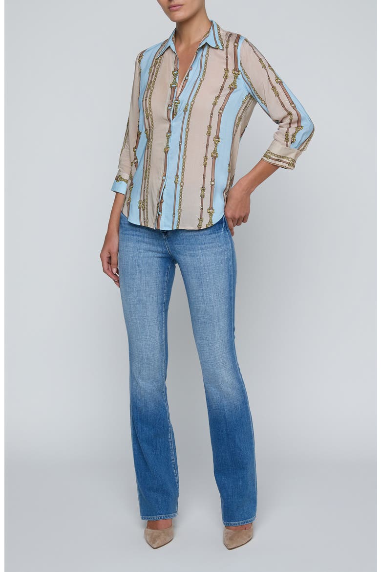 Camille Chain Print Button-Up Shirt, Alternate, color, TAUPE/ LT SAGE BELT STRIPE