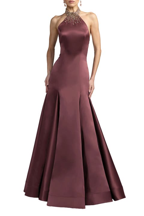 Beaded Satin Collared Neck Sleeveless Godet Gown
