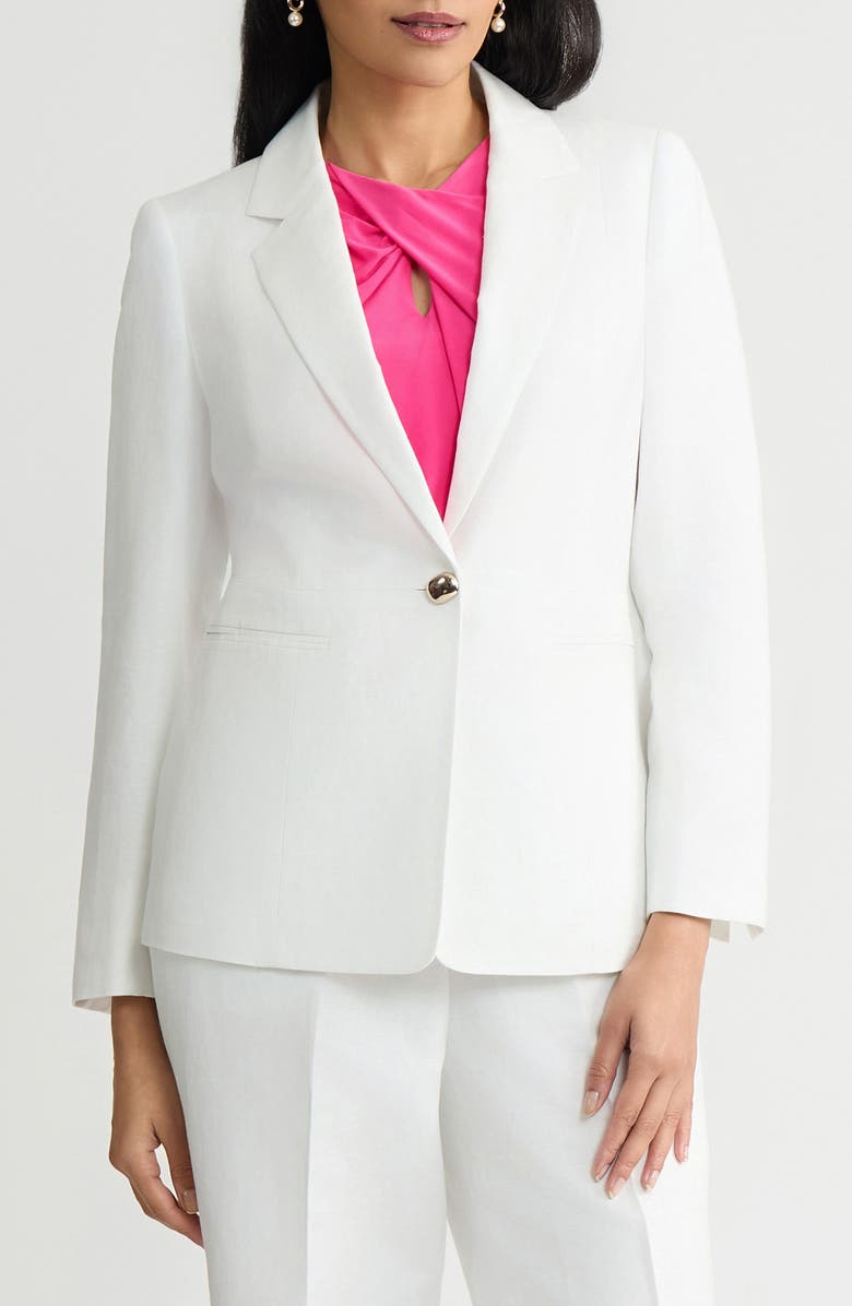 KASPER One-Button Linen Blend Peplum Blazer, Main, color, Lily White