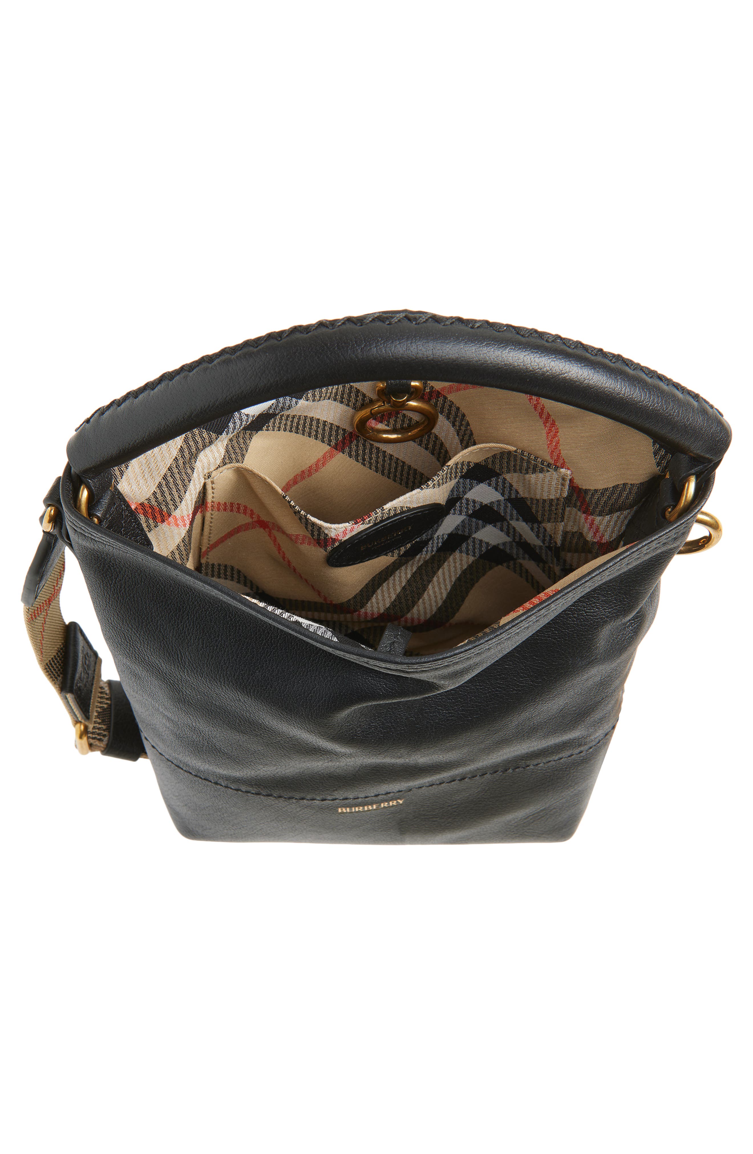 Burberry Mini B Clip LeatherBucket Bag, Alternate, color, Black