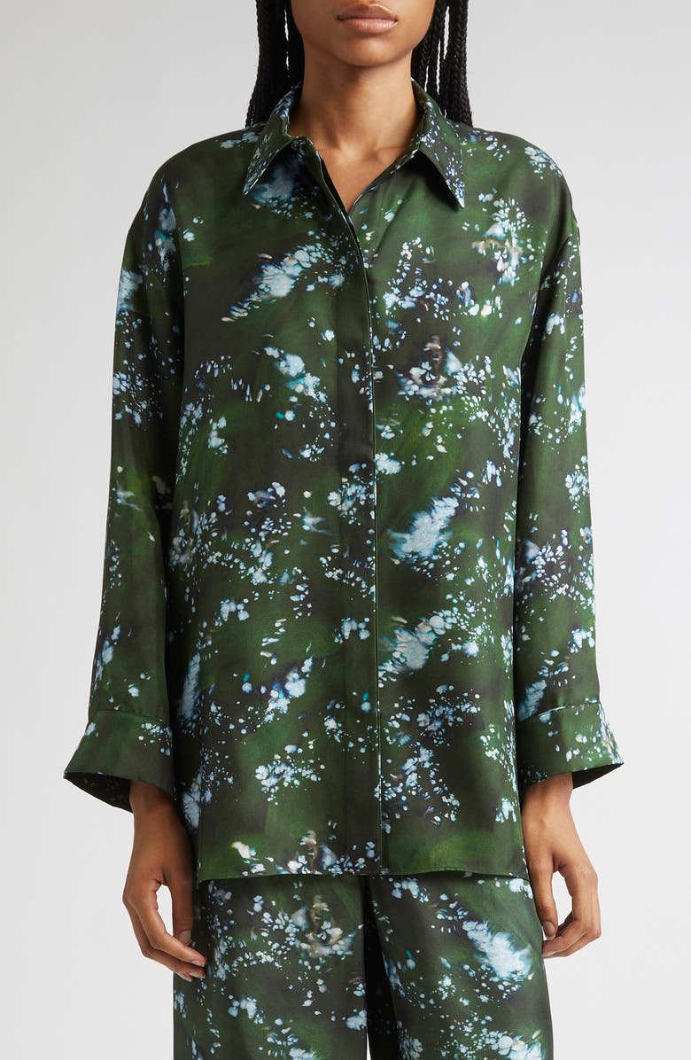 Lafayette 148 New York Boyfriend Oversize Splattered Glaze Print Silk Twill Button-Up Shirt, Main, color, Moss Multi