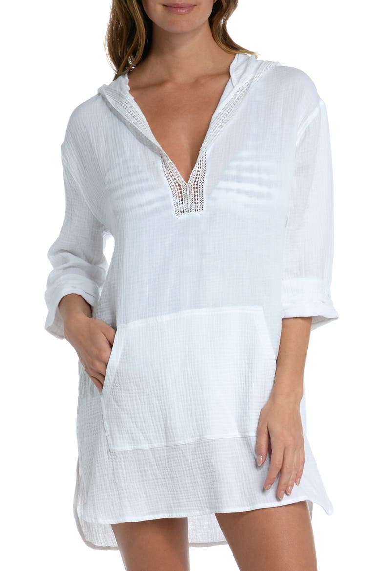 Hooded Cotton Gauze Cover-Up Tunic, Main, color, WHITE