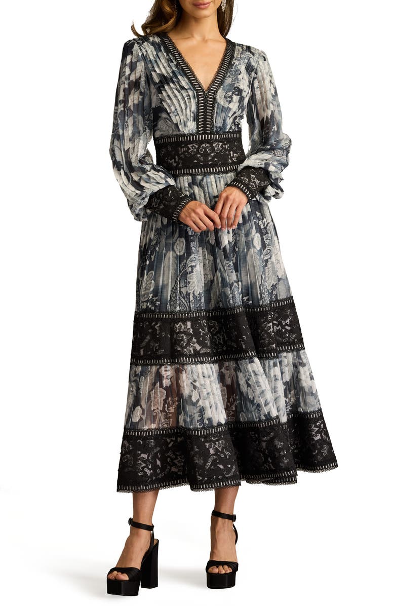 Tadashi Shoji Floral Lace Detail Metallic Thread Long Sleeve Cocktail Midi Dress, Alternate, color, Ivory/ Black