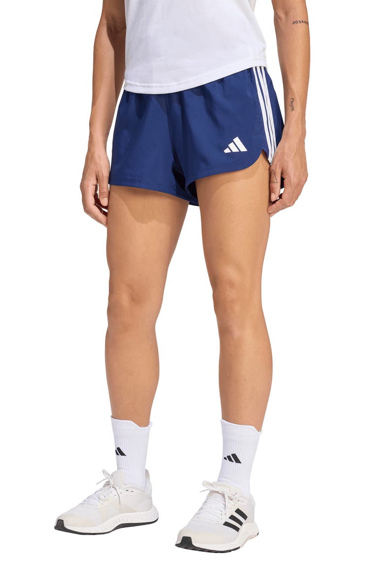 Pacer High Waist Climacool Shorts, Main, color, DARK BLUE/ WHITE