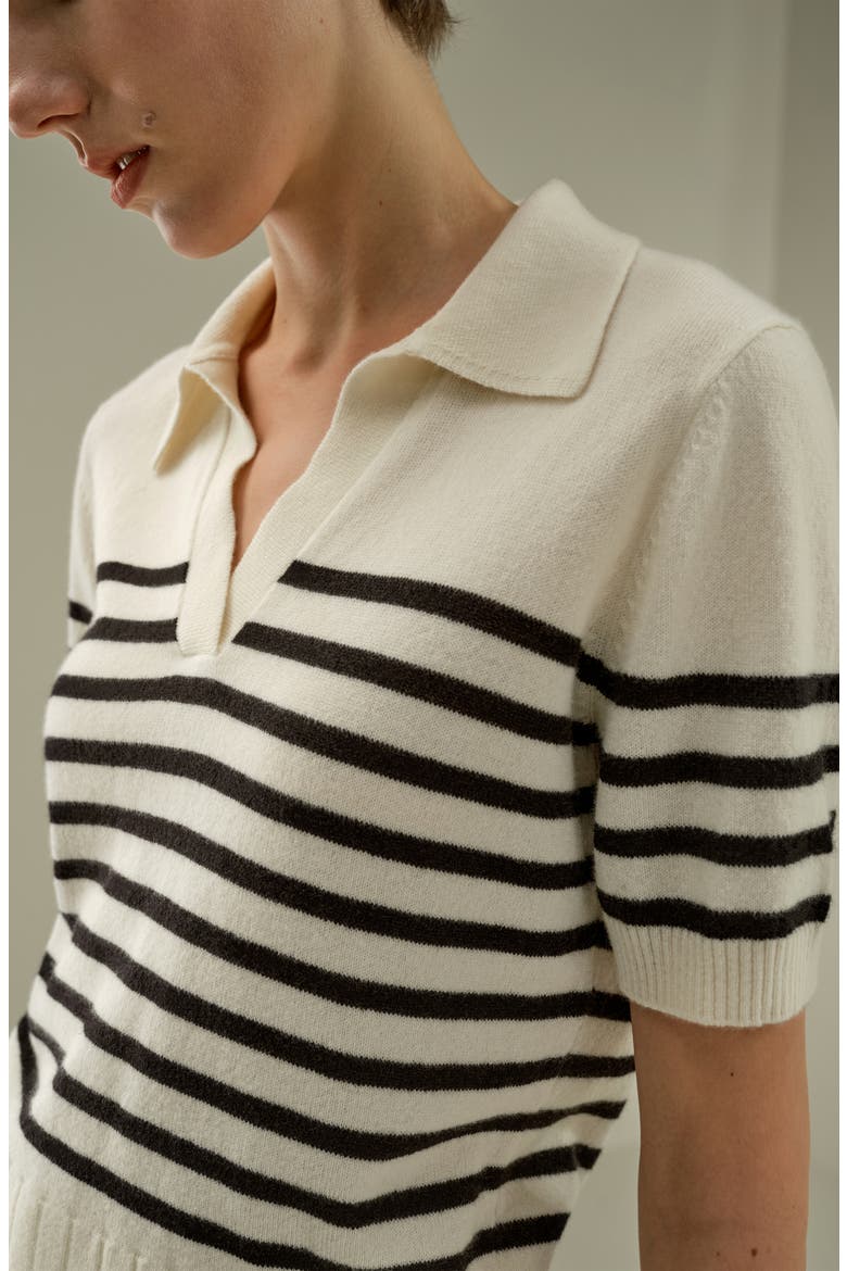 Women's Striped Cashmere Polo Sweater, Alternate, color, Black&White Stripes