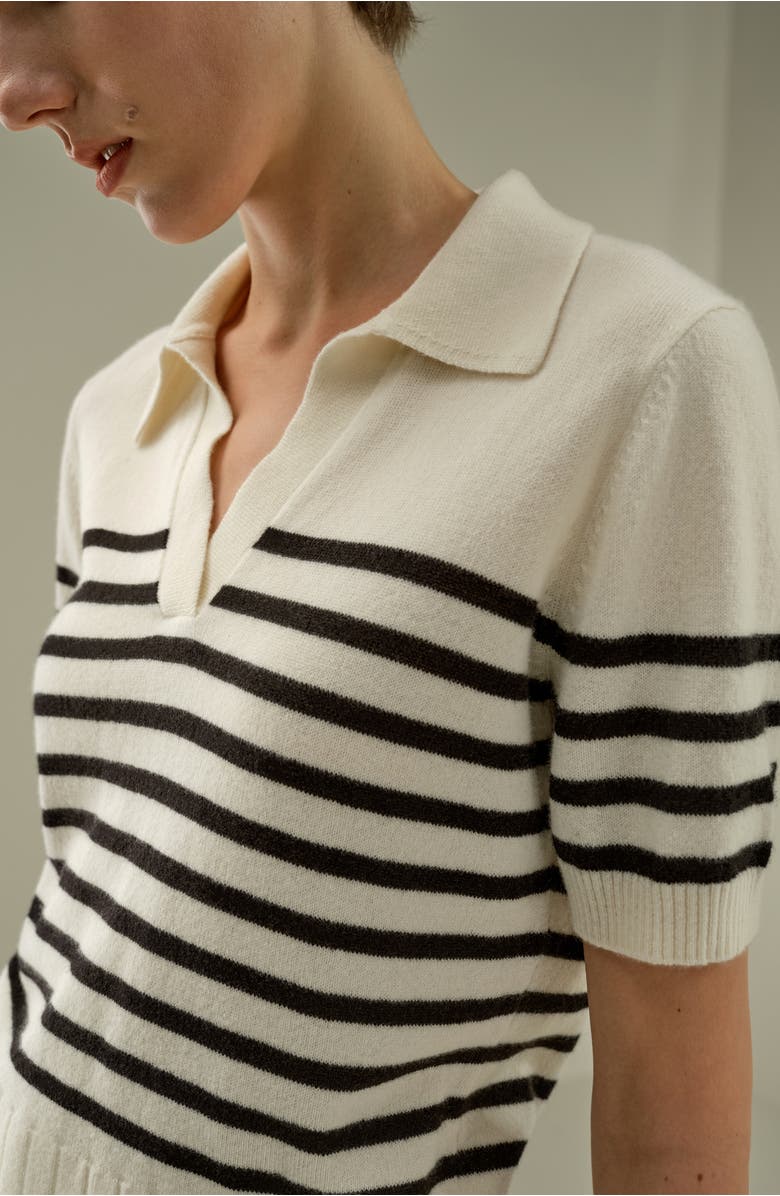 Lilysilk Women's Striped Cashmere Polo Sweater, Alternate, color, Black&White Stripes