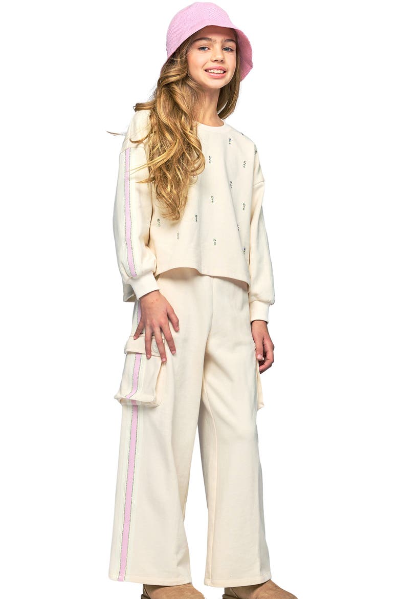 Kids' Beaded Stripe Cotton Blend Cargo Pants, Alternate, color, IVORY