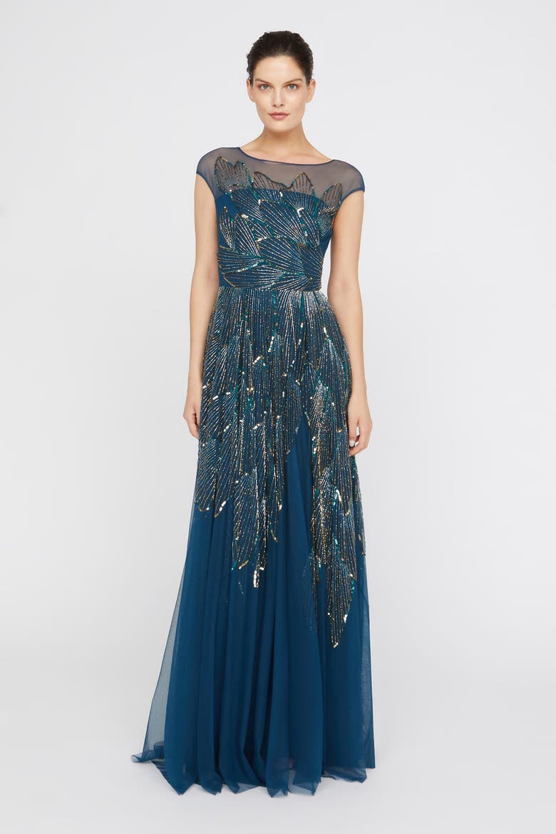 Ava Beaded Cap Sleeve Bateau Neck Sequin Gown, Main, color, Aquamarine