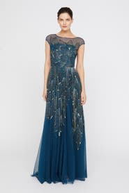 Theia Ava Beaded Cap Sleeve Bateau Neck Sequin Gown