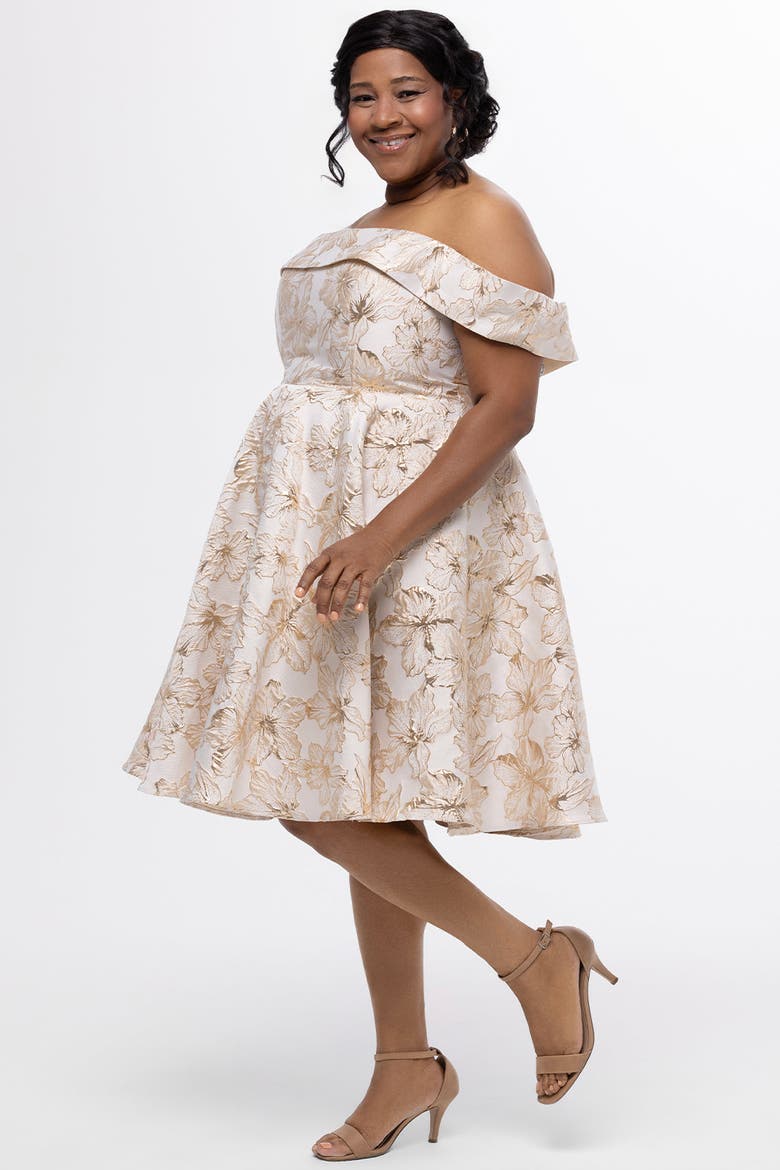 Off-The-Shoulder Brocaade Plus Size Party Dress, Alternate, color, Gold Floral