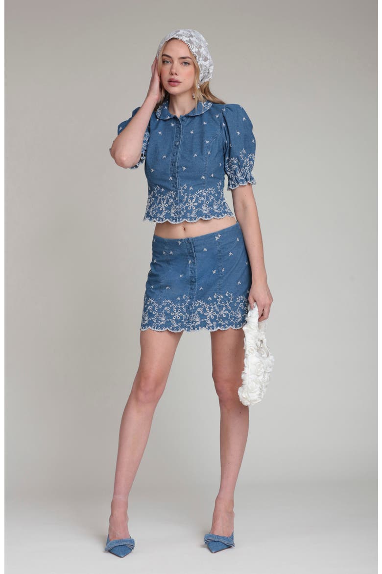 Embroidered Scallop Denim Miniskirt, Alternate, color, NEEDLE BLUE
