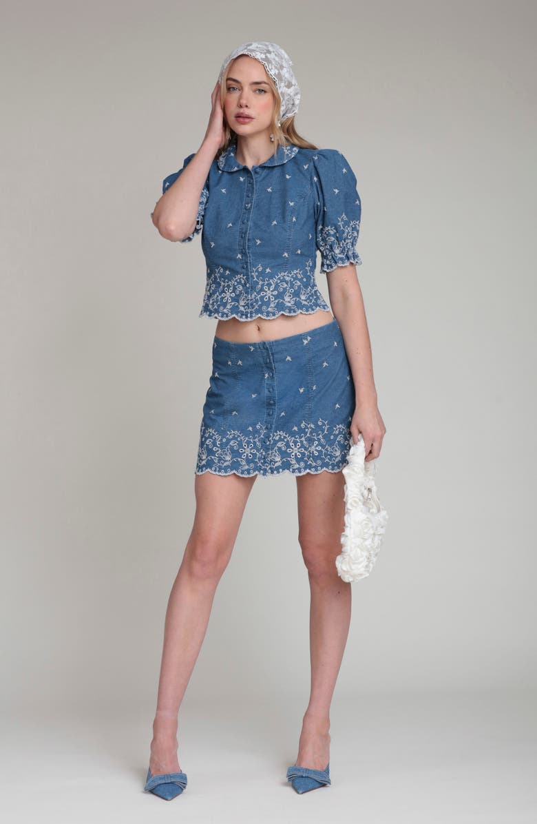 Avec Les Filles Embroidered Scallop Denim Miniskirt, Alternate, color, Needle Blue