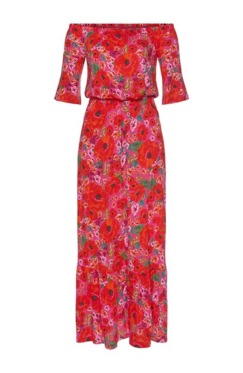 LASCANA Women's Off Shoulder Printed Maxi Dress, Alternate, color, Multi