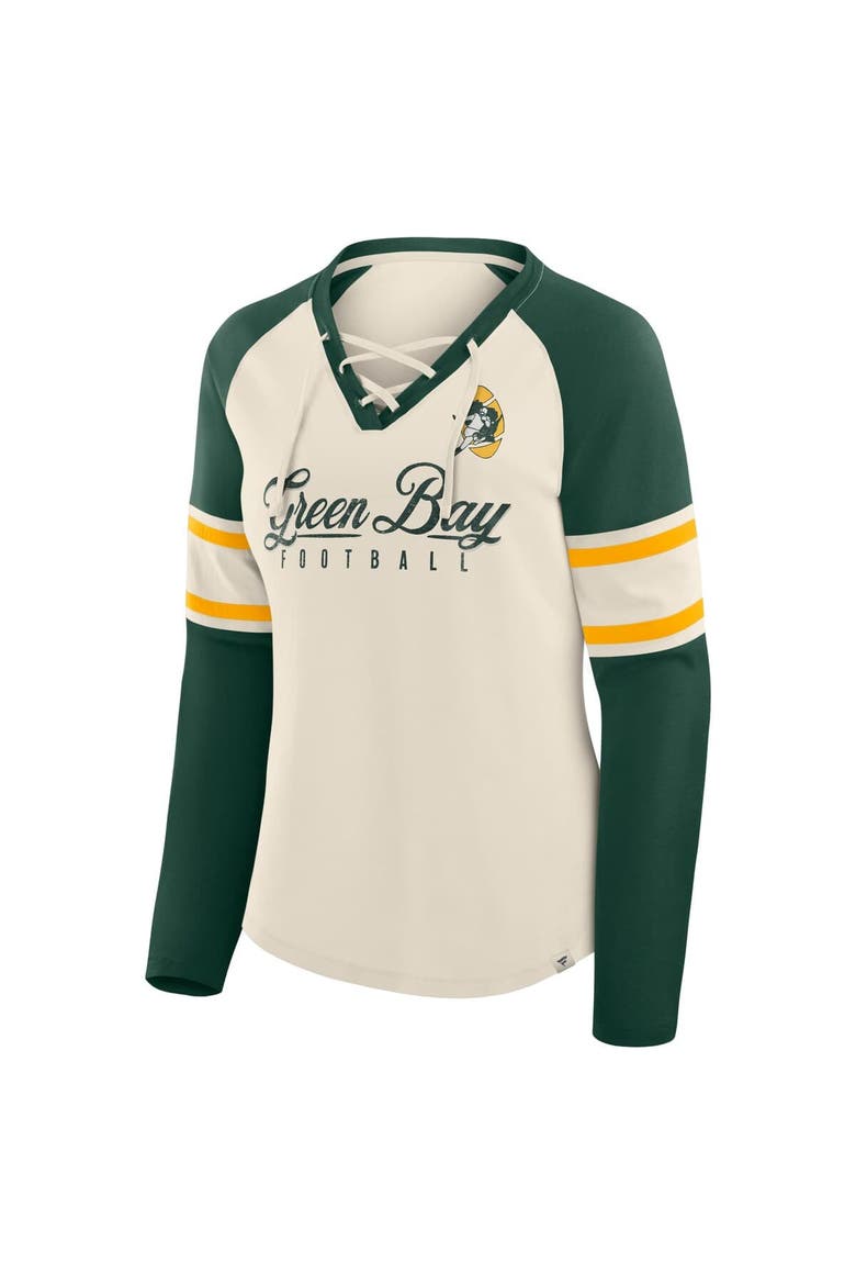 Women's Fanatics Cream/Green Green Bay Packers Hometown Gridiron Hero Raglan Lace-Up V-Neck Long Sleeve T-Shirt, Alternate, color, Cream