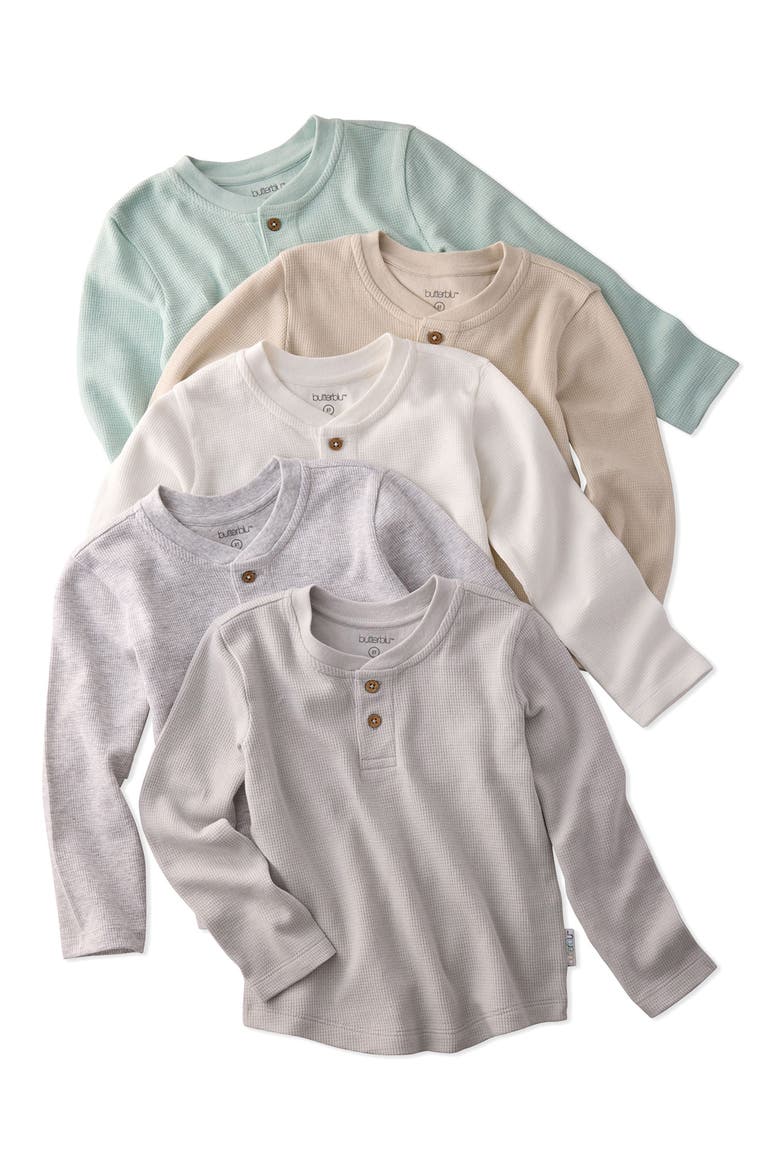Kids' Payton Assorted 5-Pack Long Sleeve Organic Cotton Waffle Henley T-Shirts, Main, color, SEAFOAM