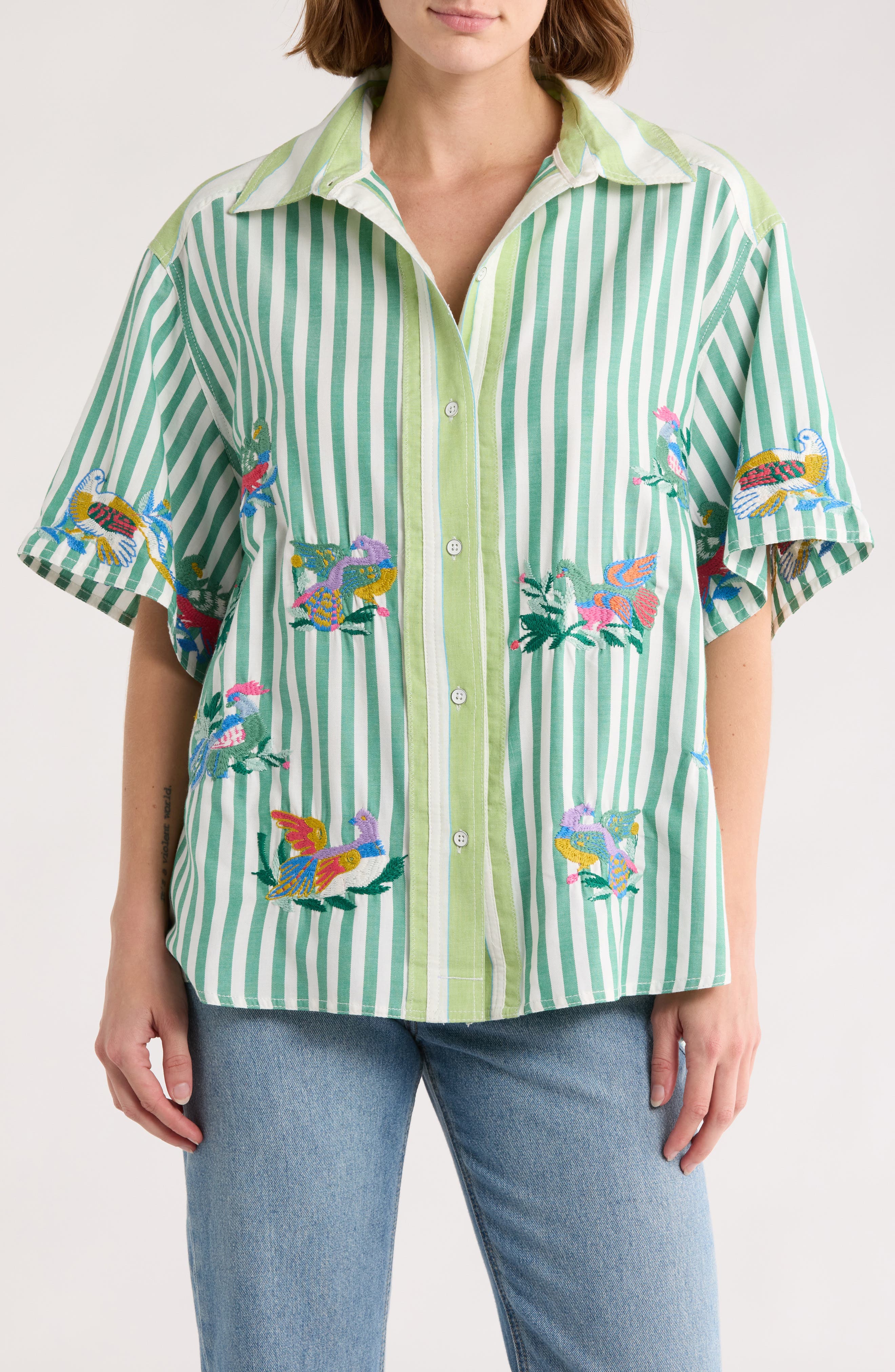 Free People The Bird Embroidered Button-Up Shirt