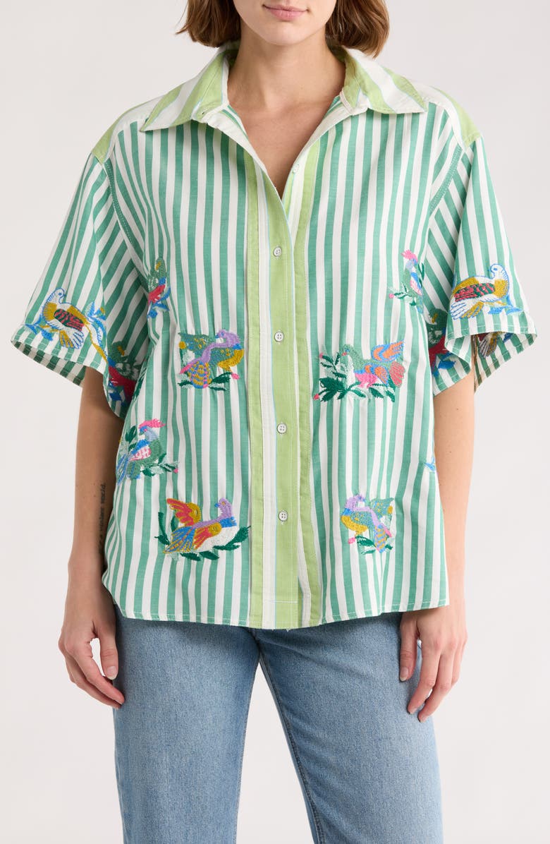 Free People The Bird Embroidered Button-Up Shirt, Main, color, French Green Combo