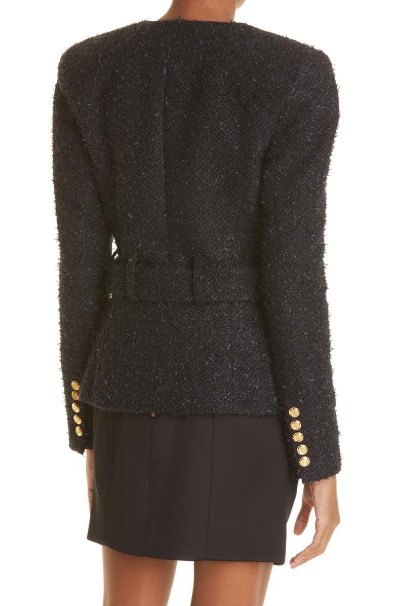 Balmain Crystal Logo Metallic Tweed Blazer, Alternate, color,
