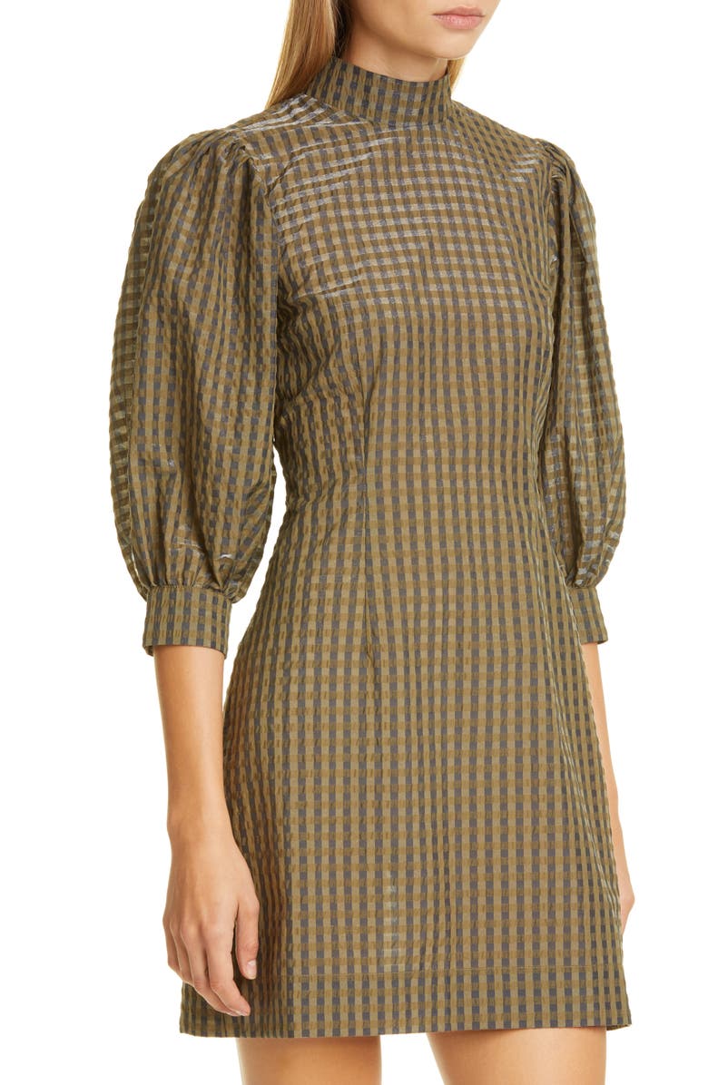 Ganni Short Check Seersucker Dress, Alternate, color,